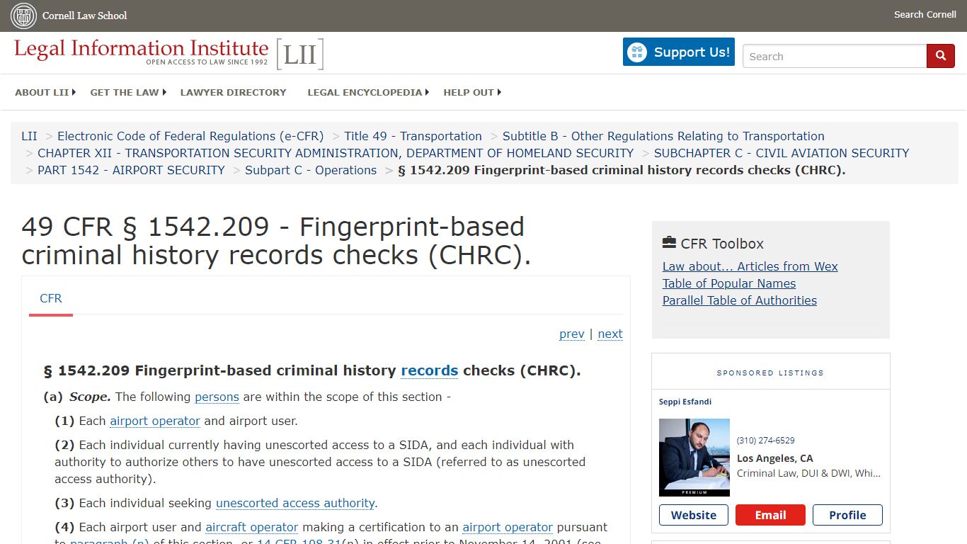 49 CFR § 1542.209 - Fingerprint-based criminal history records checks ...